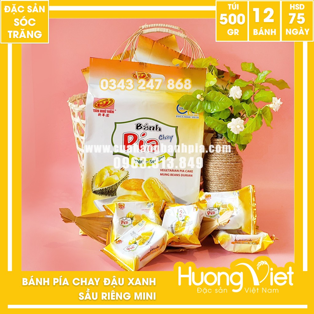 Bánh pía mini chay đậu xanh sầu riêng không trứng Tân Huê Viên 12 bánh 480g Bánh pía mini chay đậu xanh sầu riêng không trứng Tân Huê Viên 12 bánh 480g